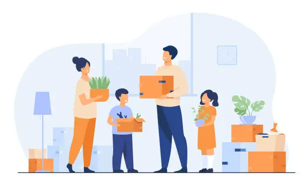 Vector illustration of Family moving to new house