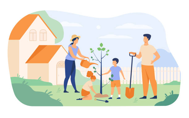 illustrations, cliparts, dessins animés et icônes de famille d’agriculteur plantant le jeune arbre près de la maison - jardin maison