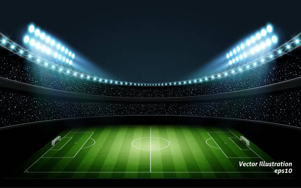 照明付きのナイトサッカースタジアム。ベクトルの図。 - soccer field flash点のイラスト素材／クリップアート素材／マンガ素材／アイコン素材