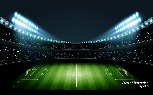 illuminated night soccer stadium. vector illustration.