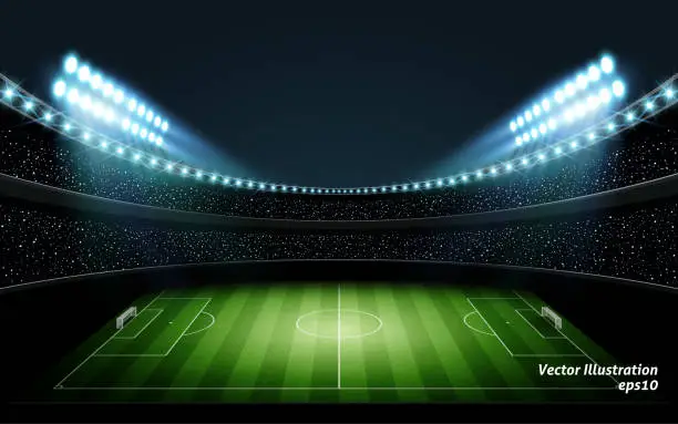 Vector illustration of illuminated night soccer stadium. vector illustration.