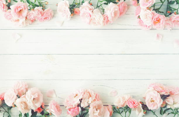 istock pink roses frame on white wooden background toned.Top view.Copy space. Poster 1270351452