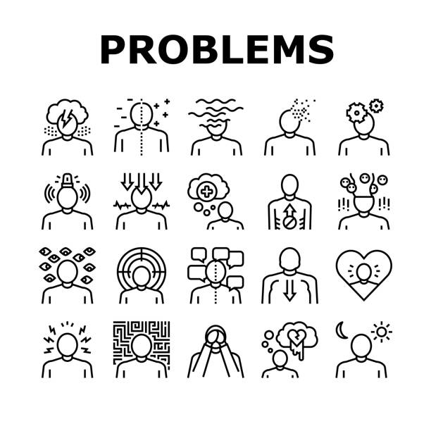 Psychological Problems Collection Icons Set Vector Psychological Problems Collection Icons Set Vector. Depression And Bipolar Disorder, Schizophrenia And Dementia, Autism And Stress Problems Black Contour Illustrations schizophrenia stock illustrations