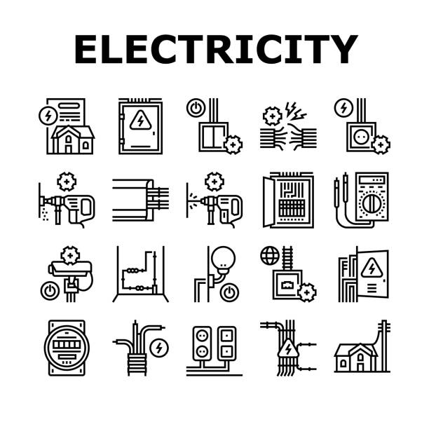 Electrical Installation Tool Icons Set Vector Electrical Installation Tool Icons Set Vector. Socket And Substation Automation Box Installation, Wall Chipping And Drilling For Wiring Black Contour Illustrations electrician stock illustrations