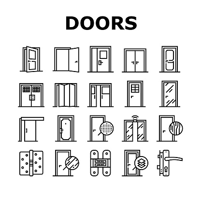 Interior Doors Types Collection Icons Set Vector. Swing, Sliding And Folding Doors, Veneer And Medium Density Fibreboard, Wooden And Metal Material Black Contour Illustrations