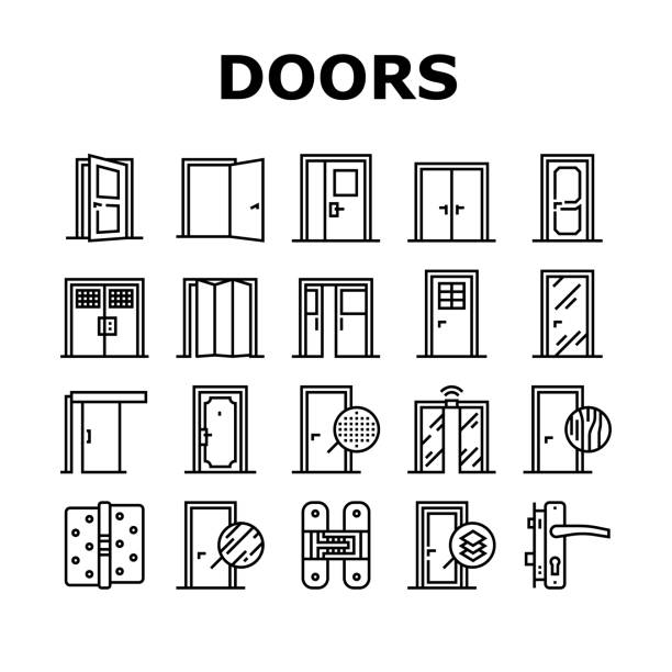 Interior Doors Types Collection Icons Set Vector Interior Doors Types Collection Icons Set Vector. Swing, Sliding And Folding Doors, Veneer And Medium Density Fibreboard, Wooden And Metal Material Black Contour Illustrations building entrance illustrations stock illustrations