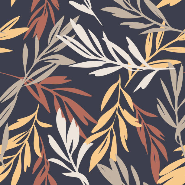 Leaves sprigs twigs leafage stem branch seamless pattern. Botanical background. Autumn leaves ornament.  Flat drawing. Fashion design.
