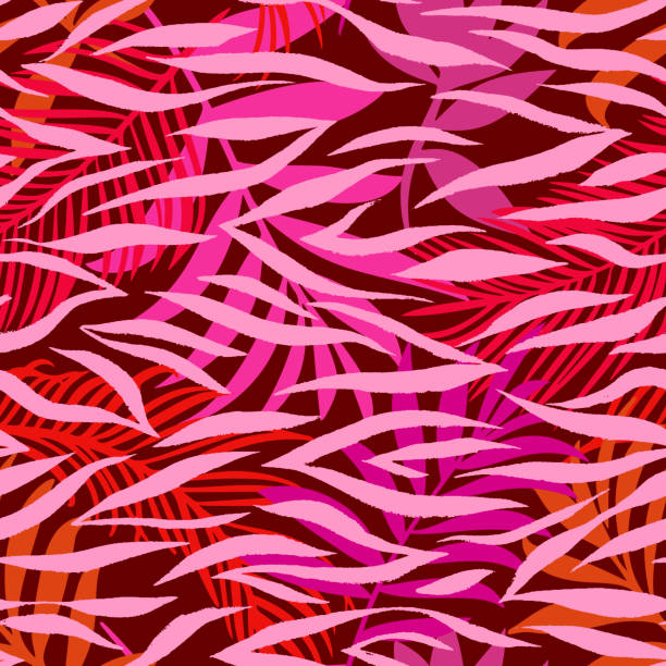 Botanical seamless pattern mixed with zebra stripes skin texture. Hand drawn fantasy exotic sprigs and leafage. Floral background made of herbal foliage leaves for fashion design, textile, fabric.