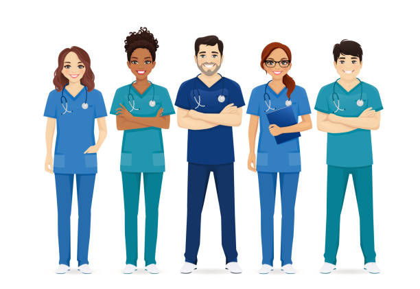 multiethnische krankenschwester zeichen gruppe - assistent stock-grafiken, -clipart, -cartoons und -symbole