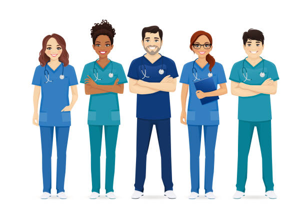 ilustraciones, imágenes clip art, dibujos animados e iconos de stock de grupo de personajes de enfermeras multiétnicas - doctor healthcare and medicine nurse team