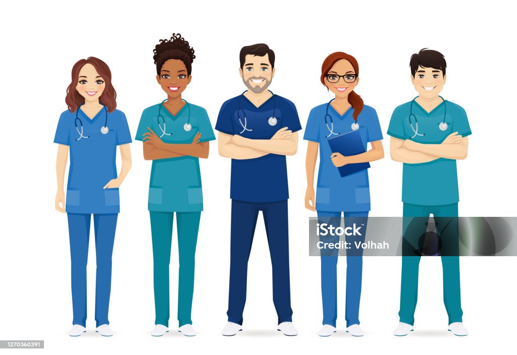 Многоэтническая группа персонажей медсестры - Векторная графика Средний медицинский персонал роялти-фри