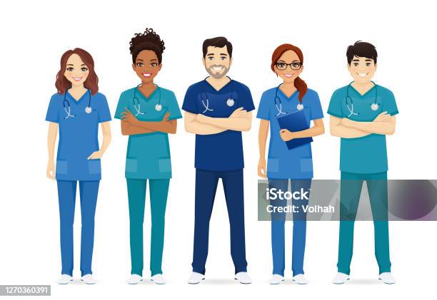Многоэтническая Группа Персонажей Медсестры — стоковая векторная графика и другие изображения на тему Средний медицинский персонал - Средний медицинский персонал, Врач, Комикс