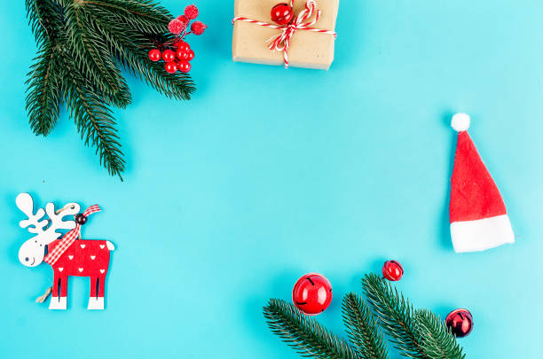 istock Christmas set with traditional red decorations on blue 1270360477