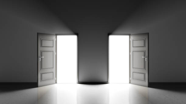 istock Two open doors with beam of lights 1270361553