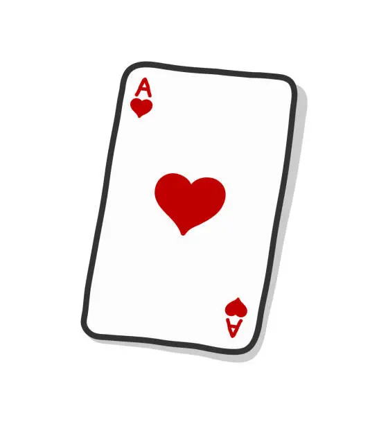 Vector illustration of Ace of Hearts poker card, hand drawn vector doodle illustration of Ace of Hearts in a poker game, isolated on white background.