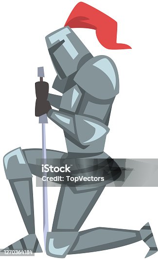 istock Medieval Kneeling Knight, Chivalry Warrior Character in Full Metal Body Armor with Sword Cartoon Style Vector Illustration 1270364184