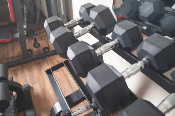 istock Metal dumbbells for strength training in gym. 1270364447