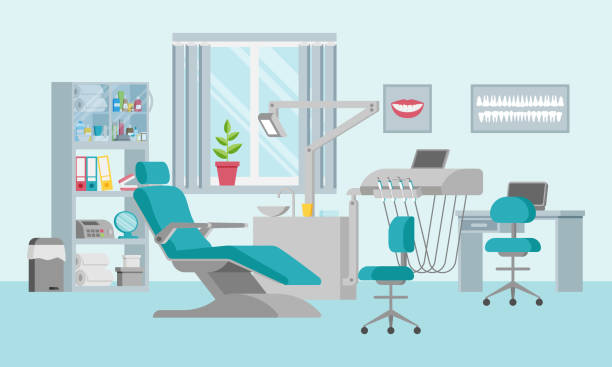 ilustraciones, imágenes clip art, dibujos animados e iconos de stock de concepto de una unidad dental con silla ajustable, lámpara, estante, fregadero y ventana. consultorio médico en un estilo plano. interior moderno y equipamiento en la clínica. carteles en las paredes. ilustración vectorial. - dentist dentist office dentists chair cartoon