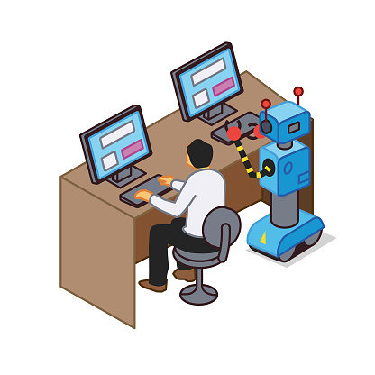 Man and robot sitting side by side working, completing similar tasks in a seamless fashion in isometric projection