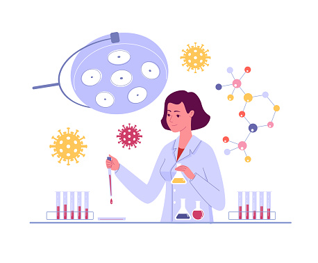 In a bright, modernly equipped laboratory, a young microbiologist is working on a new medicine. The researcher grows a colony of microorganisms in a Petri dish.