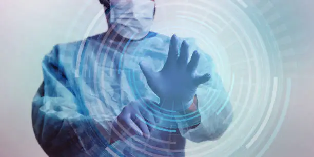 Photo of Doctor in mask putting on protective gloves, hologram circles