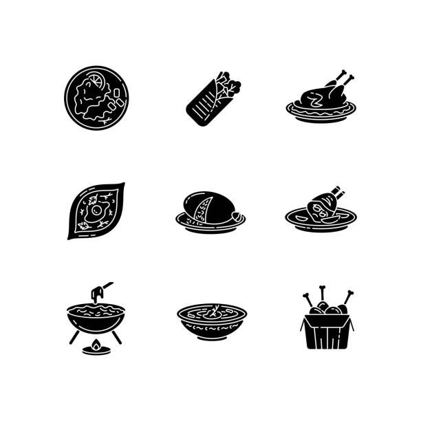 Cafe meals black glyph icons set on white space Cafe meals black glyph icons set on white space. Wrapped shawarma with meat and lettuce. Peking duck. Ukrainian borscht. Exotic dish. Fast food. Silhouette symbols. Vector isolated illustration cheese fondue stock illustrations