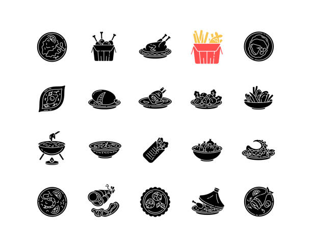 beste nationalgericht schwarze glyphensymbole auf weißen raum gesetzt - kartoffelknödel essen stock-grafiken, -clipart, -cartoons und -symbole
