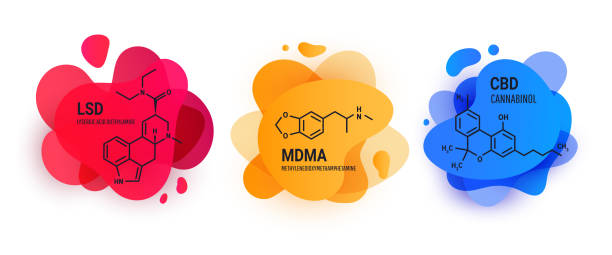 illustrazioni stock, clip art, cartoni animati e icone di tendenza di dietilammide acida lisergica lsd, mdma, cannabinoidi, formul chimico strutturale con forme di fluido liquido su sfondo bianco - science botany chemistry formula