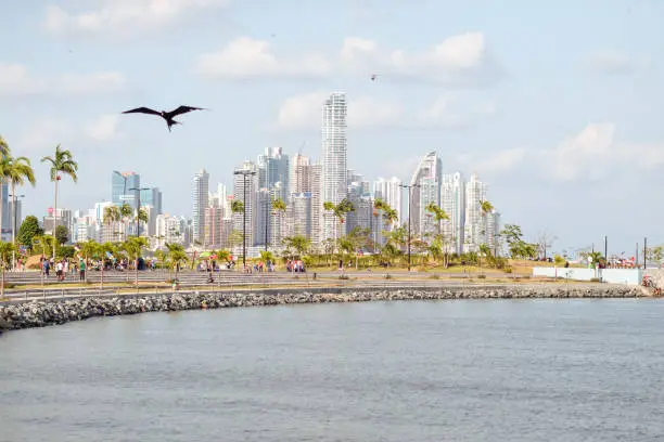 Photo of landscape of skyscrapers in financial center of Panama and people walking along the promenade with sea birds flying