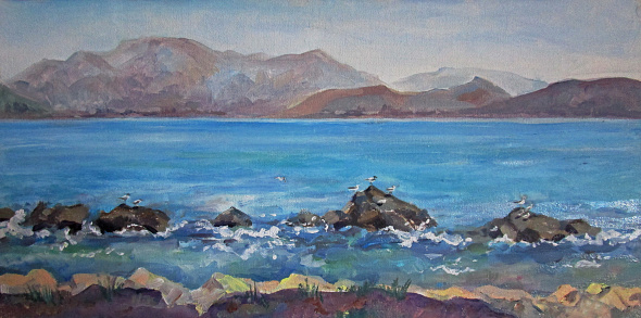 Oil painting illustration of adriatic sea in the summer on canvas background, Croatia, Europe