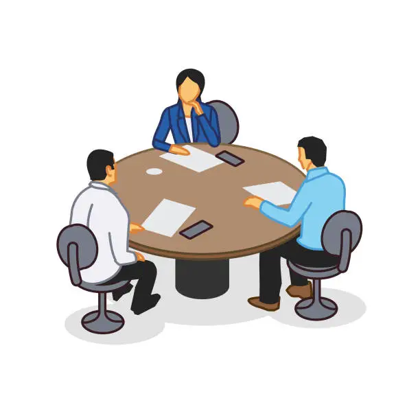 Vector illustration of Three people at a round table office meeting