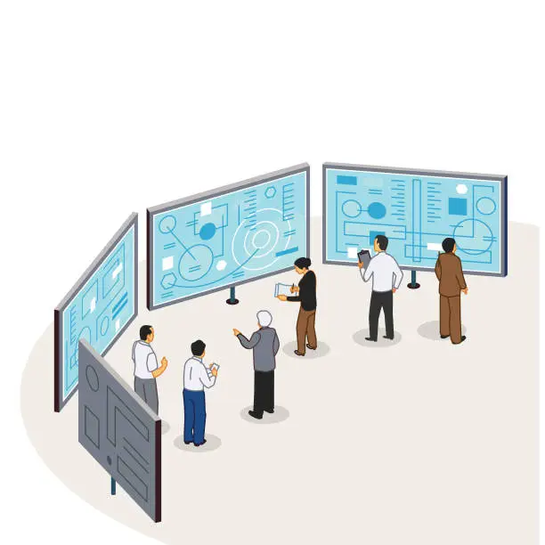 Vector illustration of Group of people in emergency control center