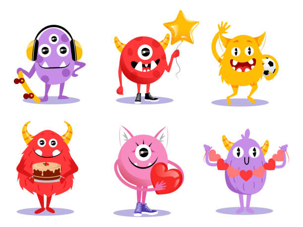 ilustrações de stock, clip art, desenhos animados e ícones de cute set of different cartoon monsters characters in flat style. vector illustration with funny creatures on white background. comic halloween monsters with horns, big teeth and eyes smiling, waving - monster cartoon bizarre characters