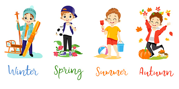 Clothes Style Fashion Kids Concept Set Of Cheerful Cartoon Boy Playing  Different Toys Wearing Stylish Casual Clothes Depending On Seasons Of The  Year Colorful Vector Illustration In Flat Style Stock Illustration -
