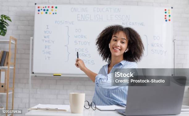 Modern Education Remotely Cheerful African American Woman Points To Blackboard And Explains Rules Of English Stock Photo - Download Image Now