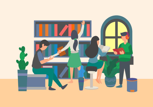 ilustrações de stock, clip art, desenhos animados e ícones de flat elements of students being study at library. student gathering at library flat elements. back to school theme. - library