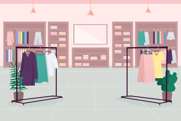 Clothes emporium flat color vector illustration Clothes emporium flat color vector illustration. Department store. Shopping mall. Cloth boutique. Fashion store 2D cartoon interior with clothes shelves, hangers, mirror on background boutique stock illustrations