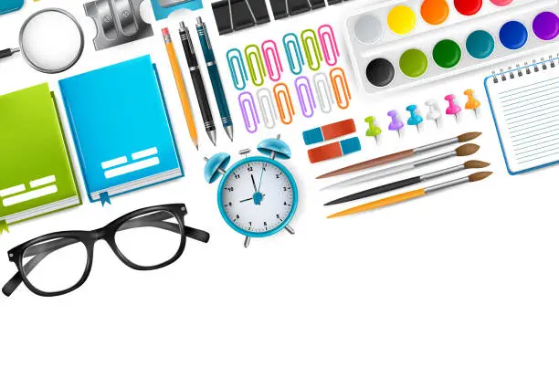 Vector illustration of School supplies background with free space for text. Bright colors. Education concept. Vector illustration.