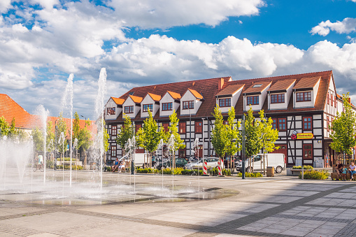 Fountains at the main town square in Drezdenko, Poland. August 2020