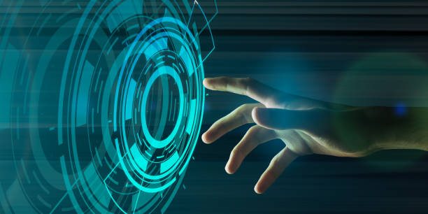 istock Person reaching out to virtual panel with hand 1270378472