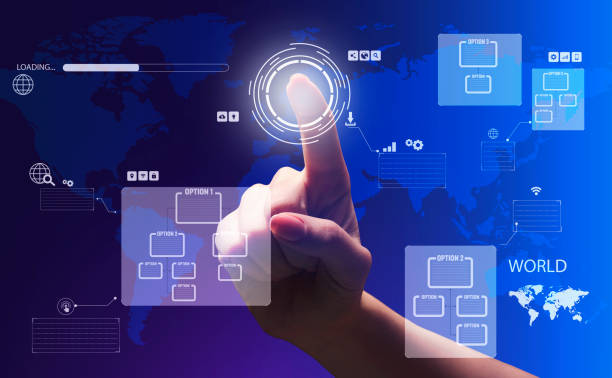 istock Global Business Solutions. Woman pushing virtual button on touchscreen with option choice 1270378510