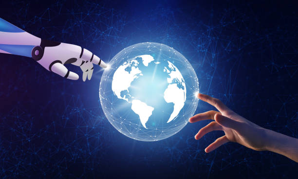 istock Artificial Intelligence. Futuristic robot arm and human hand touching digital world 1270378527