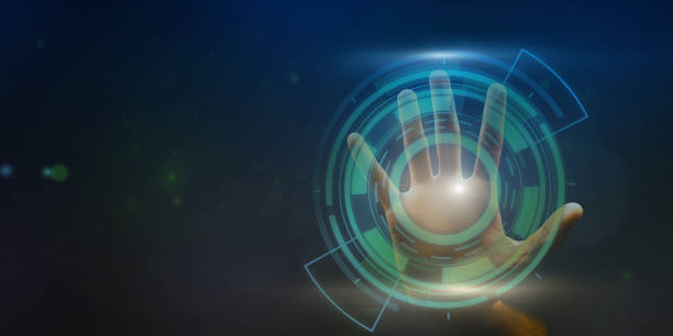 istock Close up of person touching virtual panel with hand 1270378703