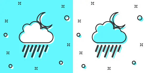 Vector illustration of Black line Cloud with rain and moon icon isolated on green and white background. Rain cloud precipitation with rain drops. Random dynamic shapes. Vector