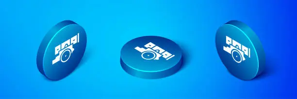 Vector illustration of Isometric Cannon icon isolated on blue background. Blue circle button. Vector