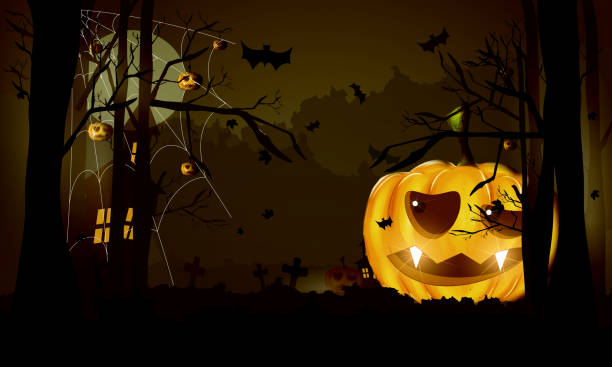 istock Halloween scary night background with dark house, pumpkins, flying bats and big moon. 1270381274