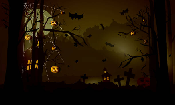 istock Halloween scary night background with dark house, pumpkins, flying bats and big moon. 1270381389