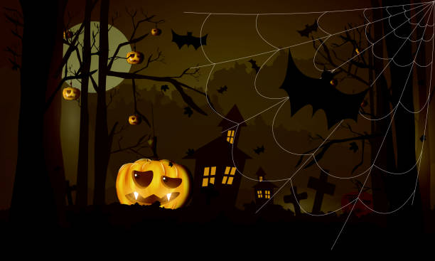 istock Halloween scary night background with dark house, pumpkins, flying bats and big moon. 1270381391