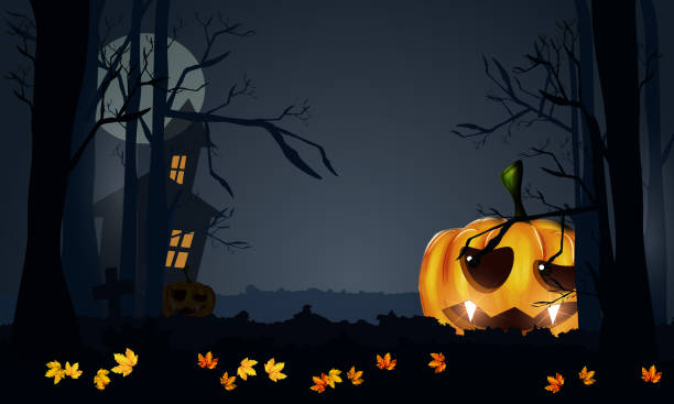 istock Halloween scary night background with dark house, pumpkins, flying bats and big moon. 1270381525