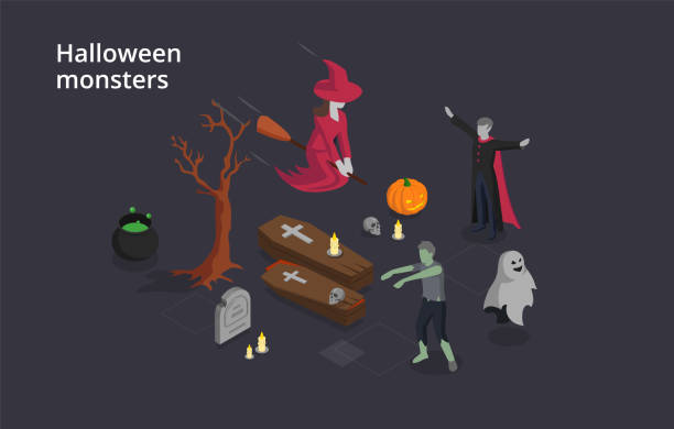 halloween potwory i złe duchy koncepcji. zestaw halloween potwory czarodziej i czarownica na miotłę, duch, trumny, zombie i kocioł z boling poison. ilustracja wektora izometrycznego 3d - ghosts & ghouls illustrations stock illustrations